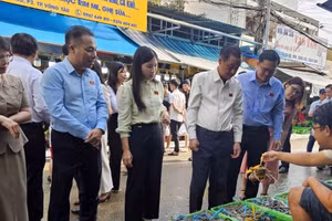 Đoàn giám sát Hội đồng nhân dân Thành phố kiểm tra, giám sát tại chợ hải sản Xóm Lưới. (Ảnh: Lê Đình Thìn) 