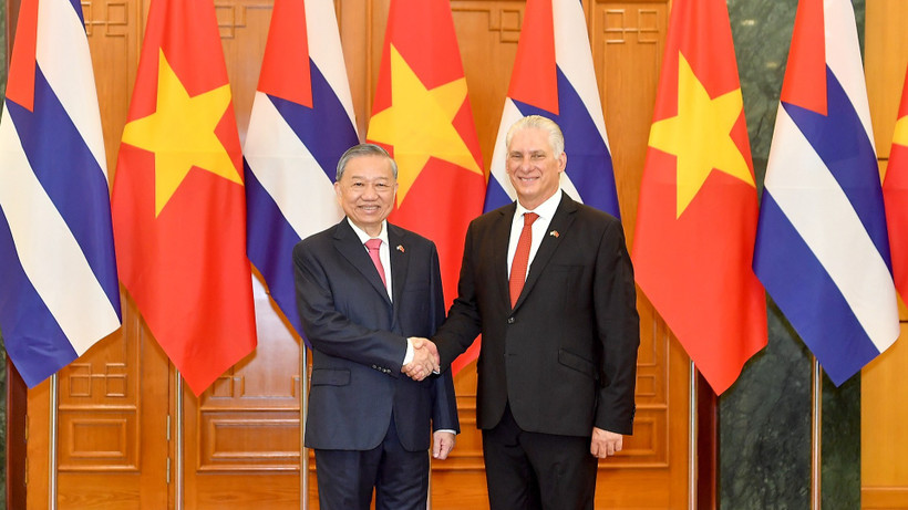 Tổng Bí thư Tô Lâm với Bí thư Thứ nhất, Chủ tịch nước Cộng hòa Cuba Miguel Diaz-Canel Bermudez tại Trụ sở Trung ương Đảng.