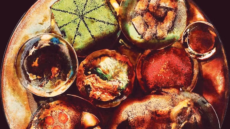 Tác phẩm “Hội hè miên man” của Phi Phi Oanh, 2026, sơn mài trên plastic, 60 x 60 cm.