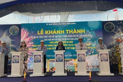 Đại biểu tham dự buổi lễ thực hiện nghi thức khánh thành dự án hạ tầng thiết yếu hỗ trợ phát triển vùng cây ăn trái, hoa kiểng. (Ảnh: HOÀNG TRUNG)