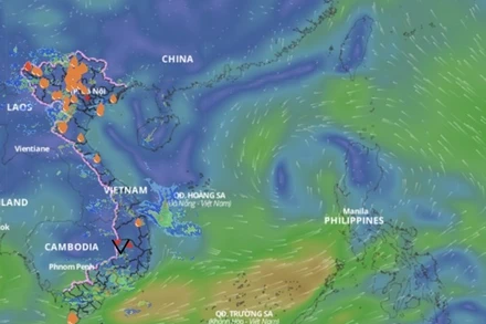 Vùng áp thấp có khả năng mạnh lên thành bão sau 48 - 72 giờ tới. Trên đây là hình ảnh các trường gió trên biển cập nhật hồi 14 giờ ngày 9/6. Nguồn: Hệ thống Giám sát thiên tai Việt Nam.
