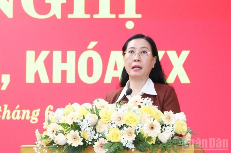 Đồng chí Bùi Thị Quỳnh Vân, Ủy viên Trung ương Đảng, Bí thư Tỉnh ủy, Chủ tịch Hội đồng nhân dân tỉnh Quảng Ngãi phát biểu kết luận hội nghị.