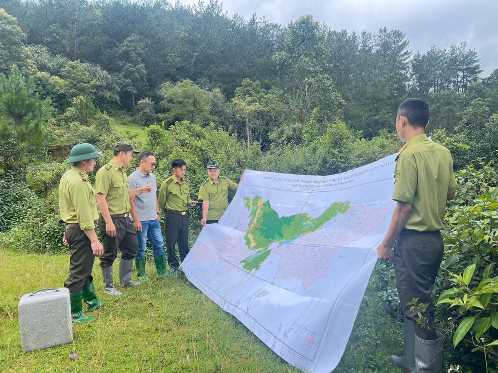 Ban quản lý Khu bảo tồn thiên nhiên Mường La thực hiện công tác tuần tra bảo vệ rừng. (Ảnh: MINH NGHĨA)