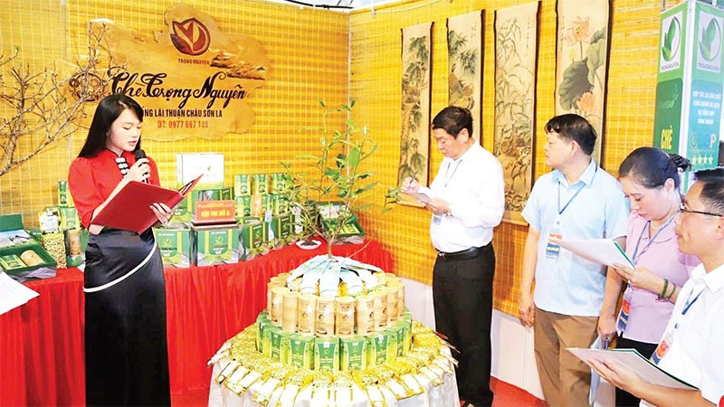 Hợp tác xã sản xuất, kinh doanh và dịch vụ tổng hợp Bình Thuận giới thiệu các sản phẩm chè tại Hội chợ xúc tiến thương mại. (Ảnh PHAN TRANG); 