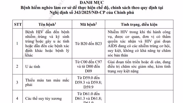 Danh mục bệnh hiểm nghèo thực hiện chế độ, chính sách với sĩ quan Quân đội nghỉ hưu. (Ảnh chụp màn hình)