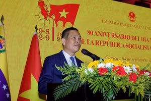 Đại sứ Vũ Trung Mỹ phát biểu tại sự kiện. (Ảnh: Đại sứ quán Việt Nam tại Venezuela)