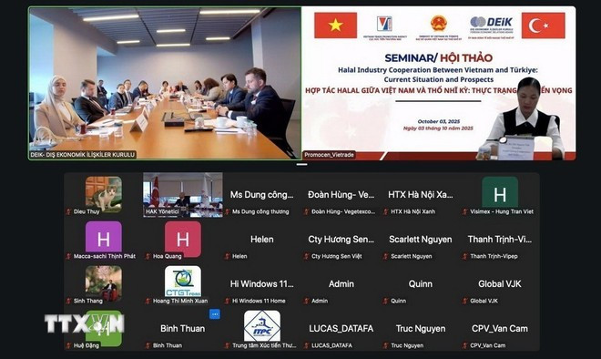 Hội thảo trực tuyến “Hợp tác Halal giữa Việt Nam và Thổ Nhĩ Kỳ: Thực trạng và triển vọng”. (Ảnh: TTXVN) Hội thảo trực tuyến “Hợp tác Halal giữa Việt Nam và Thổ Nhĩ Kỳ: Thực trạng và triển vọng”. (Ảnh: TTXVN)