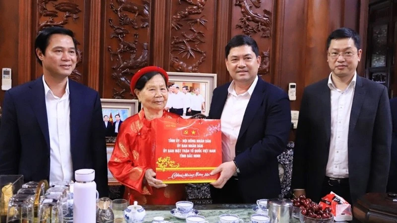 Đồng chí Bí thư Tỉnh ủy Bắc Ninh Nguyễn Hồng Thái và các đồng chí lãnh đạo tỉnh động viên, tặng quà Tết cụ Lê Thị Sậu (thôn Núi Móng, xã Đại Đồng).