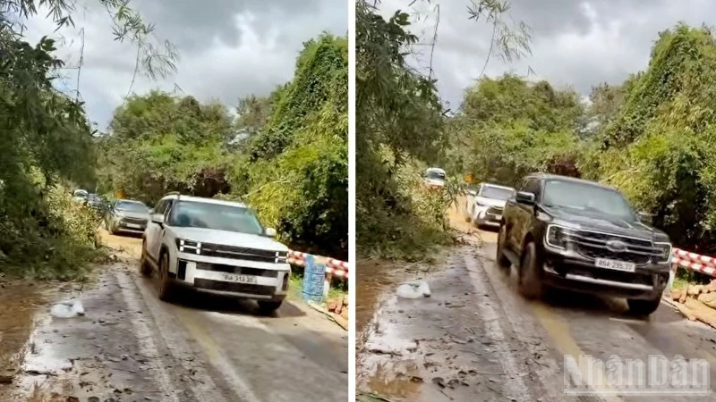 Sau nhiều giờ xử lý sạt lở, hơn 20 ô-tô bị mắc kẹt trên đèo Gia Bắc được giải cứu an toàn. Ảnh: người dân cung cấp.