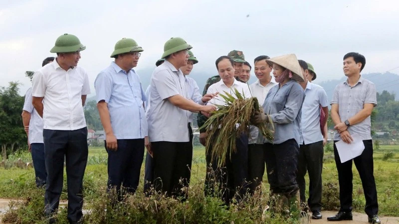 Chủ tịch Ủy ban nhân dân tỉnh Trần Duy Đông và đoàn công tác kiểm tra công tác ứng phó bão số 10 tại xã Xuân Đài.