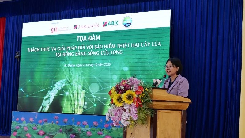 Bà Đinh Thị Hoa, Trưởng phòng Giảm nghèo và An sinh xã hội phát biểu tại tọa đàm. 