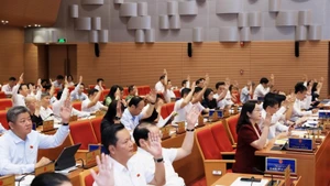 Các đại biểu Hội đồng nhân dân thành phố Hà Nội thống nhất thông qua nội dung kỳ họp.