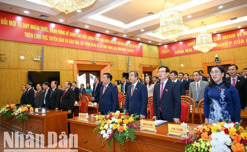 Các đại biểu thực hiện nghi thức chào cờ. (Ảnh: THẾ ĐẠI)