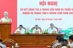 Thường trực Ban Bí thư Trần Cẩm Tú cùng các đồng chí lãnh đạo chủ trì hội nghị.