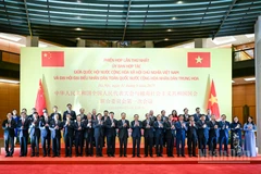 Chủ tịch Quốc hội Trần Thanh Mẫn và Ủy viên trưởng Nhân đại toàn quốc Trung Quốc Triệu Lạc Tế và đại biểu hai nước dự phiên họp.