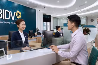 Nhân viên BIDV tư vấn khách hàng tại quầy giao dịch.