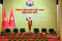 Các đại biểu biểu quyết thông qua Nghị quyết Đại hội XIV của Đảng. (Ảnh: TTXVN)