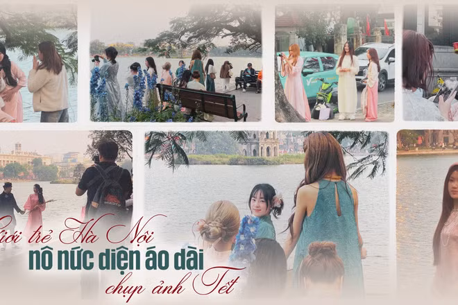 Giới trẻ nô nức diện áo dài xuống phố chụp ảnh đón Tết.