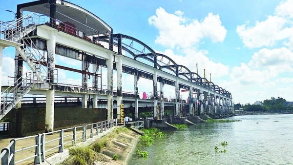 Hệ thống cống ngăn mặn tại xã Nhị Long, tỉnh Vĩnh Long.