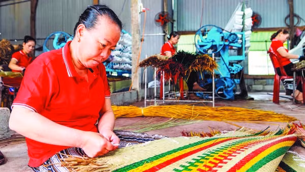 Công nhân Hợp tác xã chiếu cói Hoài Châu Bắc hoàn thiện một công đoạn làm ra chiếc chiếu thành phẩm. (Ảnh MỸ HÀ)