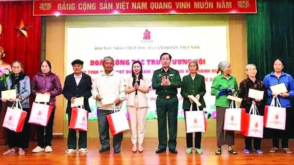 Đại diện Mặt trận Tổ quốc Việt Nam và Hội Nạn nhân chất độc da cam/dioxin trao quà tặng các gia đình bị ảnh hưởng bởi thiên tai. (Ảnh MAI LUẬN)