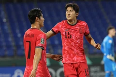 Tiền đạo Baek Ga-on (số 15) sau trận thắng 2-1 trước U23 Australia. (Ảnh: AFC)