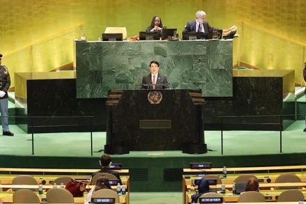 Chủ tịch nước Lương Cường phát biểu tại Phiên Thảo luận chung cấp cao Đại hội đồng Liên hợp quốc Khóa 80. (Ảnh: TTXVN)