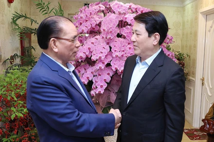 Chủ tịch nước Lương Cường chúc Tết nguyên Tổng Bí thư Nông Đức Mạnh.