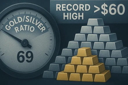 Giá bạc tiến sát 61 USD/ounce, đưa tỷ lệ vàng/bạc về mức 69 điểm. (Ảnh minh họa: kitco.com)