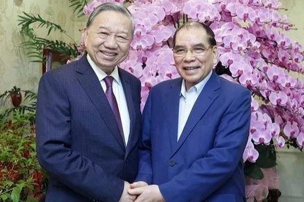 Tổng Bí thư Tô Lâm tới thăm hỏi, chúc Tết nguyên Tổng Bí thư Nông Đức Mạnh. (Ảnh: TTXVN)