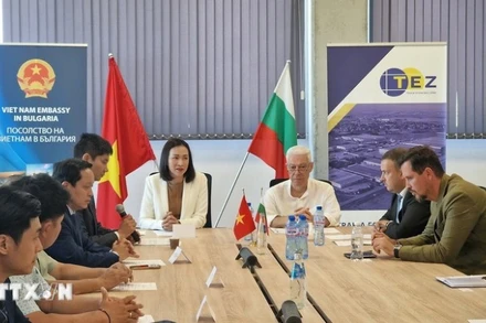 Đại sứ Nguyễn Thị Minh Nguyệt trao đổi, thảo luận với đại diện các bên tại buổi kết nối giao thương giữa doanh nghiệp Việt Nam và Bulgaria. (Ảnh: TTXVN)