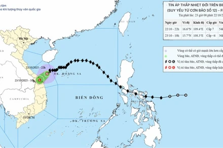Bản đồ dự báo quỹ đạo và cường độ áp thấp nhiệt đới phát lúc 23 giờ ngày 22/10.