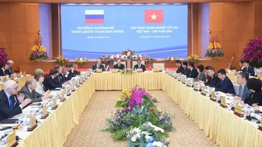 Thủ tướng Phạm Minh Chính và Thủ tướng Liên bang Nga Mikhail Mishustin đồng chủ trì Đối thoại Doanh nghiệp cấp cao Việt Nam-Liên bang Nga. (Ảnh: TRẦN HẢI)