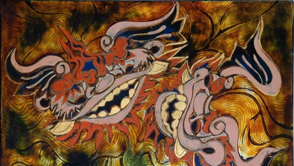 Tranh sơn mài "Nghê vui đùa". (Tác giả Đỗ Quang Hưng)