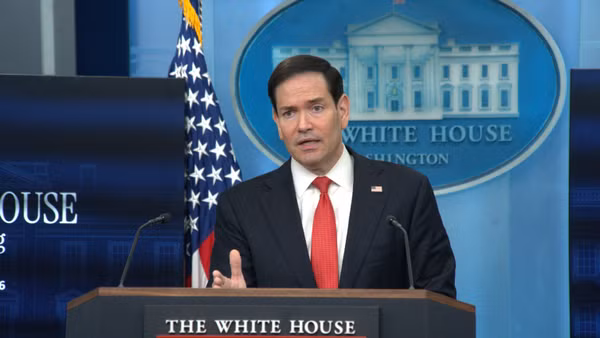 Ngoại trưởng Mỹ Marco Rubio phát biểu họp báo tại Washington, D.C. (Ảnh: THX/TTXVN)