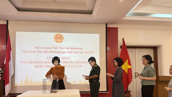 Đại sứ Phái đoàn thường trực Việt Nam tại ASEAN Tôn Thị Ngọc Hương và các cán bộ Việt Nam tại lễ quyên góp. (Ảnh: TTXVN)