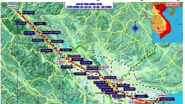 Bản đồ tổng hướng tuyến đường sắt Lào Cai-Hà Nội-Hải Phòng.