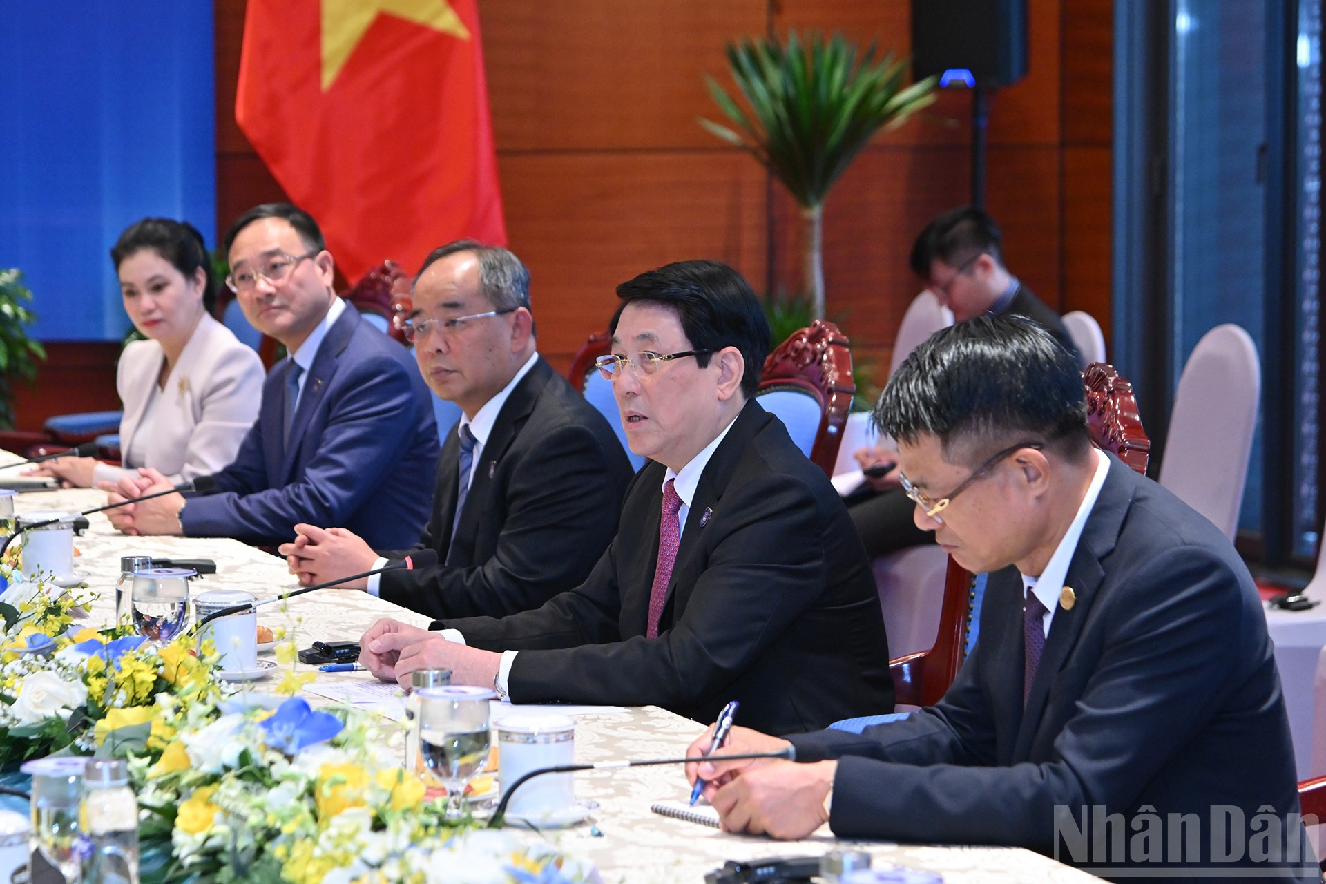 Chủ tịch nước Lương Cường và các đại biểu Việt Nam tại buổi tiếp. ndo_br_5-4350.jpg