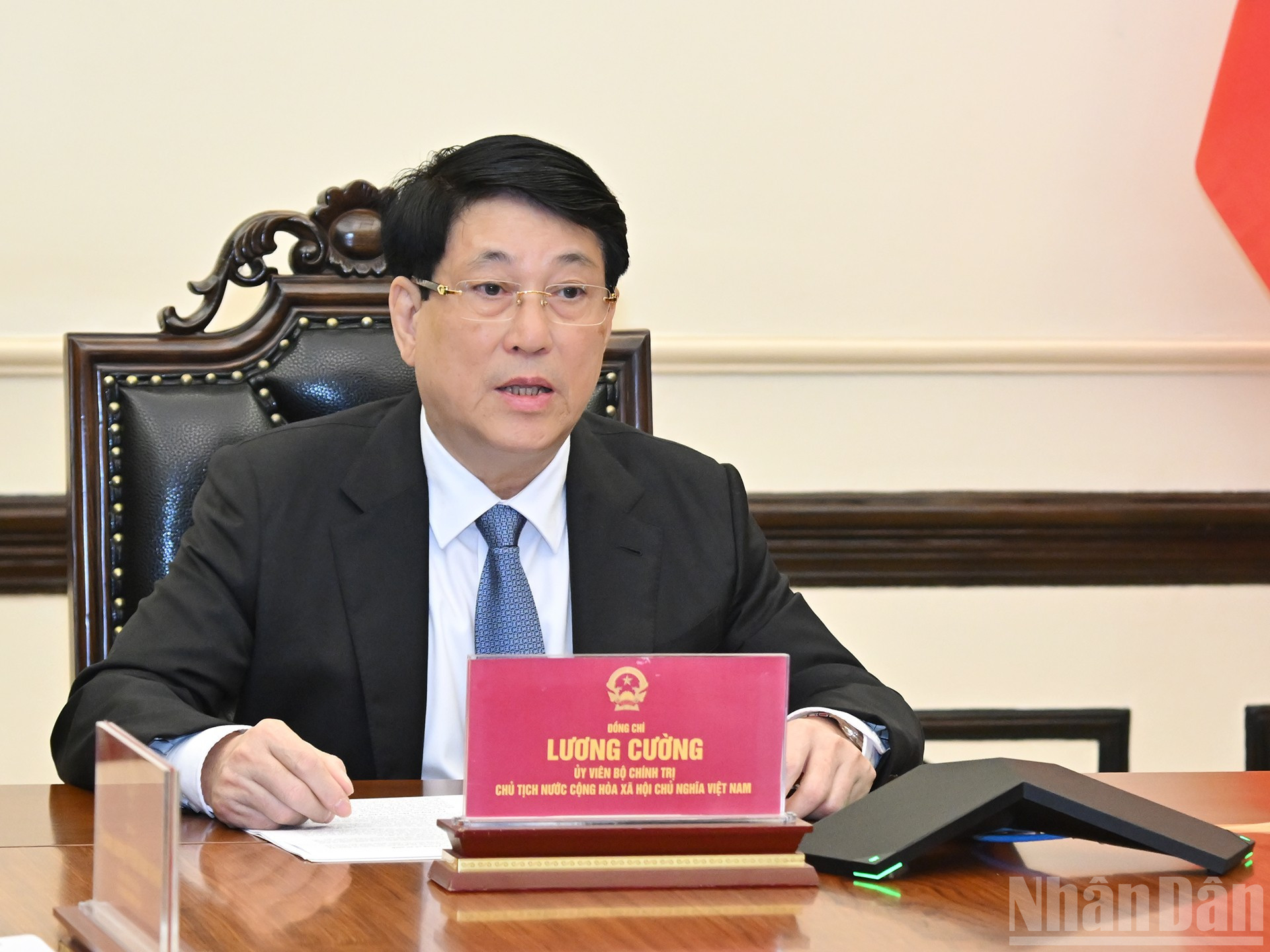 Chủ tịch nước Lương Cường phát biểu tại buổi điện đàm. ndo_br_3.jpg