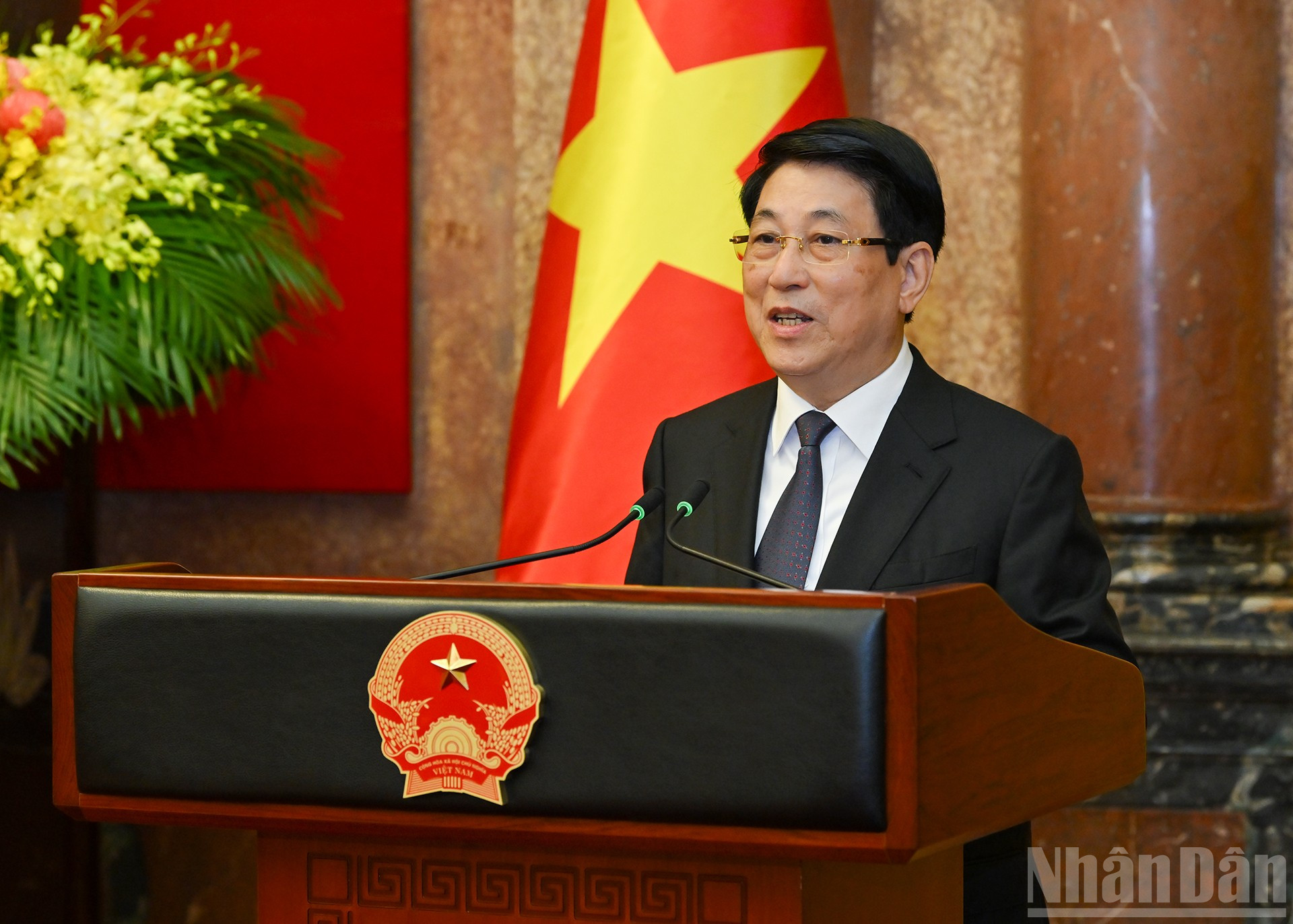 Chủ tịch nước Lương Cường phát biểu tại buổi lễ. ndo_br_12.jpg