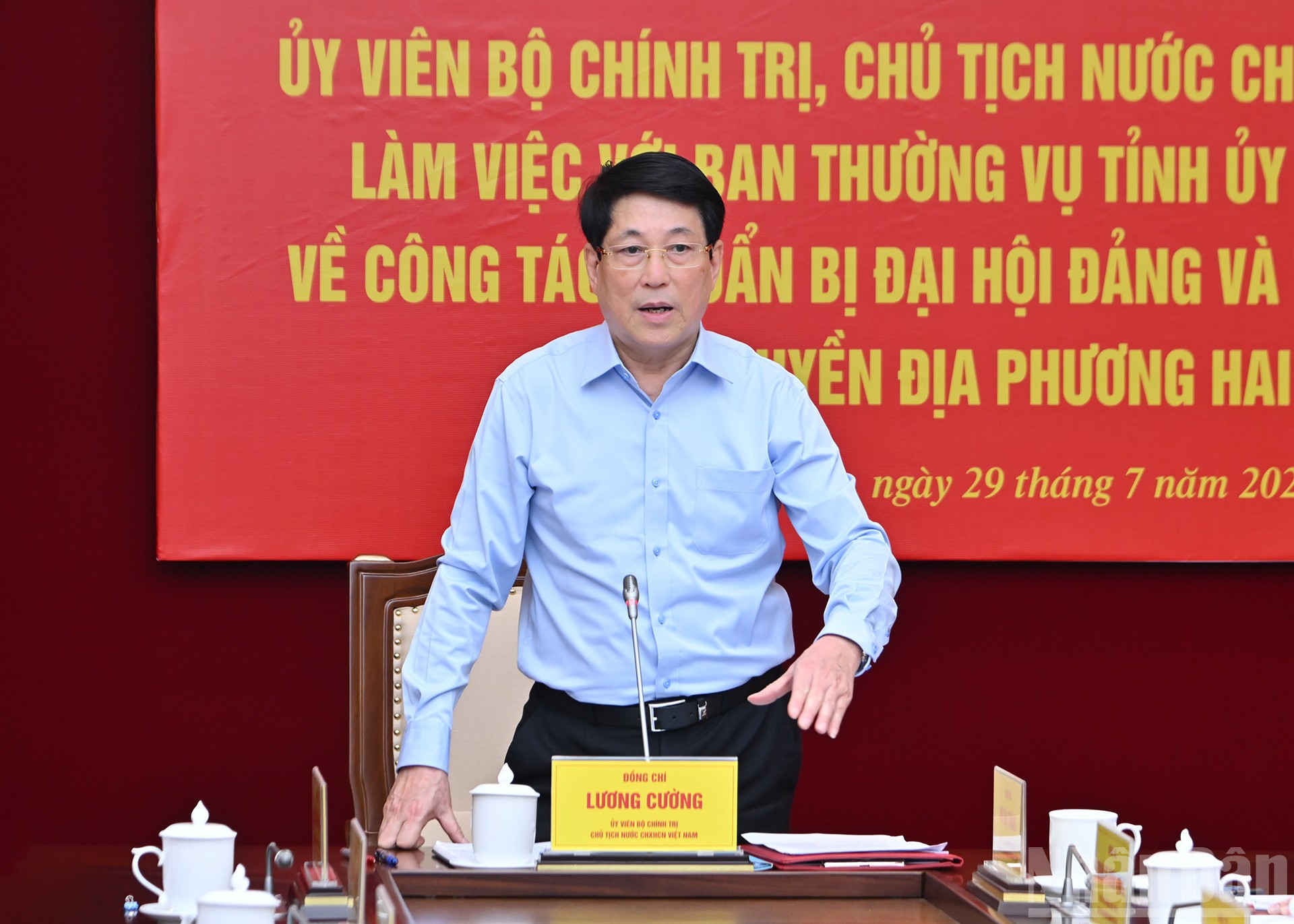 Chủ tịch nước Lương Cường phát biểu ý kiến chỉ đạo tại buổi làm việc. ndo_br_7-4708.jpg