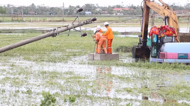 Công nhân ngành Điện khắc phục sự cố bão số 5. (Ảnh: EVN)