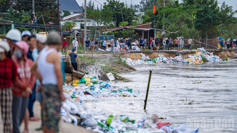 Lực lượng chức năng gồm cán bộ, chiến sĩ Sư đoàn 315 (Quân khu 5), lực lượng công an, dân quân, đoàn viên và người dân xã Duy Nghĩa đã túc trực, chia ca, kíp nỗ lực dùng bao cát để cố gắng gia cố bờ kè.
