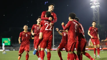 Các cầu thủ U22 Việt Nam ăn mừng chiến thắng. (Ảnh: VFF)