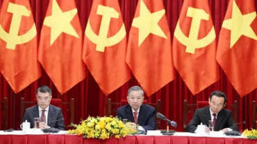 Tổng Bí thư Tô Lâm cùng các đồng chí Lãnh đạo Đảng chủ trì buổi tiếp. (Ảnh: Thống Nhất/TTXVN)