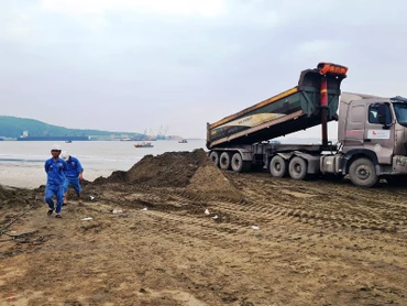 Nhân lực, phương tiện thi công bến container số 3 ở xã Hải Hà, thị xã Nghi Sơn.
