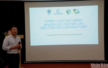 Ông Nguyễn Mạnh Hà - Giám đốc Trung tâm Bảo tồn Thiên nhiên và Phát triển trình bày chiến lược huy động nguồn lực cho bảo tồn loài tại Việt Nam.