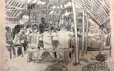 "Lớp 5 dưới lòng đât" - Ngô Tôn Đệ vẽ chì năm 1967. (Ảnh: Bảo tàng Mỹ thuật Việt Nam)