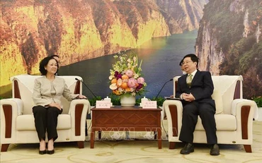 Đồng chí Trương Thị Mai hội kiến Thị trưởng Trùng Khánh Hồ Hoành Hoa. (Ảnh: TTXVN)