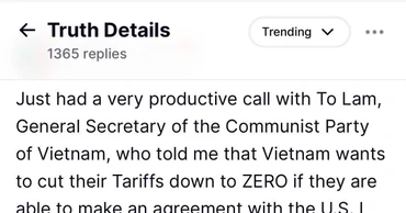 Ảnh chụp màn hình thông báo của Tổng thống Mỹ Donald Trump về cuộc điện đàm với Tổng Bí thư Đảng Cộng sản Việt Nam trên mạng xã hội Truth Social. (Ảnh: Ngọc Quang/TTXVN)